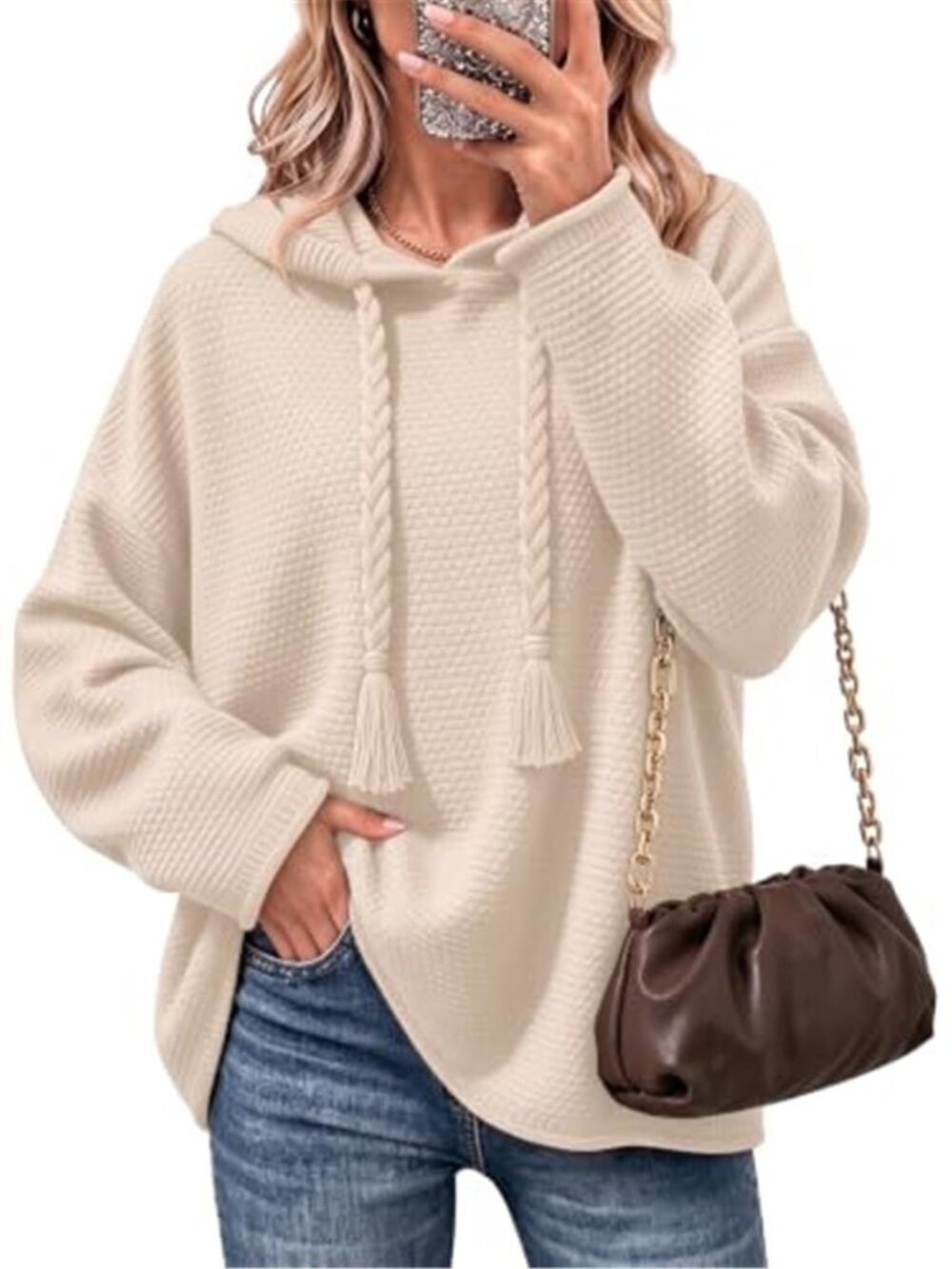 Apricot Oversized Knit Hoodie Sweater Chunky Pullover Braided Tassel Drawstring - Picture 10 of 10